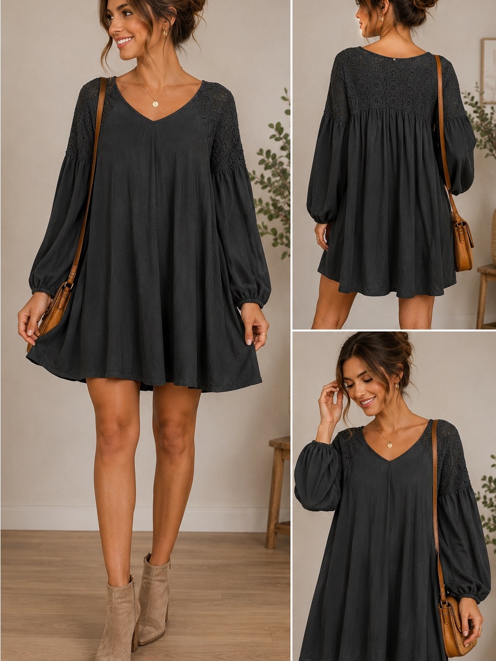 White Crow Black Lace Boho Mini Dress Tunic Size‎ L Flowy